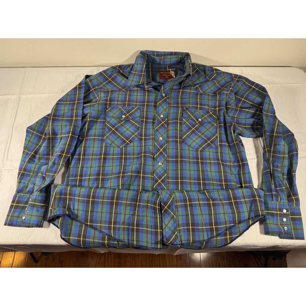 Rustler Mens Plaid Western Pearl Snap Shirt Blue Green X-Long Tails 16.5 x 32/33